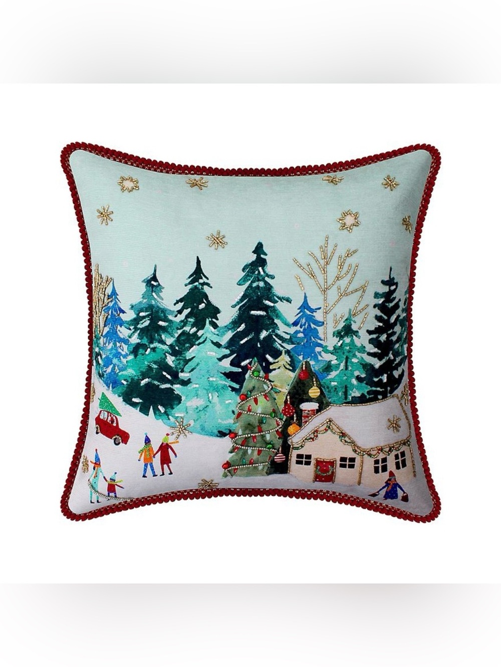 NEW St. Nicholas Square Winter Christmas Tree Beaded Decorative Pillow 18”x18”